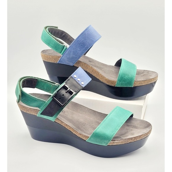 Naot Shoes - Naot Alpha Blue Green Leather Wedge Sandals Size 9 (EU 40) Comfort Strappy Shoes